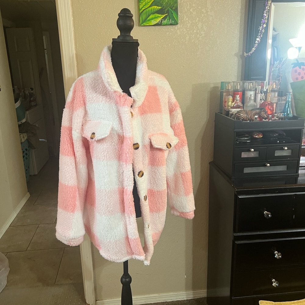 Pink and White Plaid Sherpa Jacket